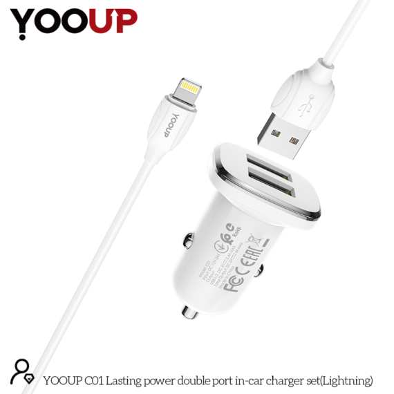 YOOUP C01 Lasting Power kettős portos autós töltőkészlet (Lightning, fehér)
