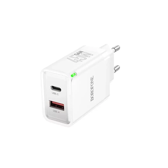 Borofone BN16 Tough Dupla Hálózati Töltő (USB - Type-C) PD45W Gan Fehér